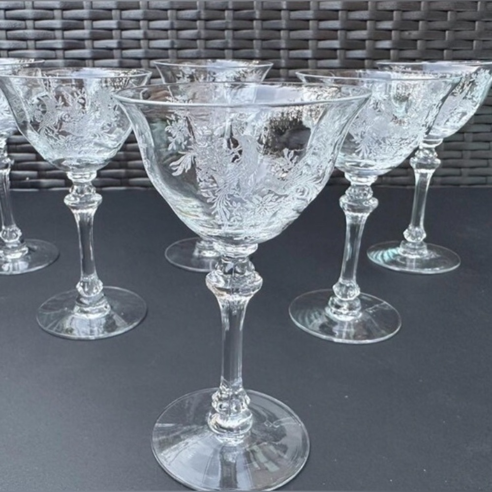 Tiffin-Franciscan Crystal Cocktail Glasses: Persian Pheasant Etched Birds (6)